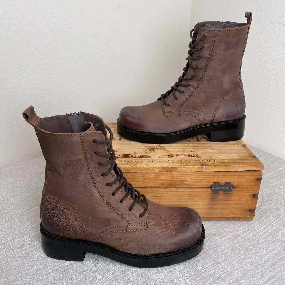 ZARA Women Brown Distressed Combat Boots Lace Up Lug Sole Size 34